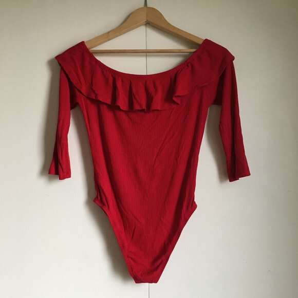 Flamenco Red Ruffle Collar 3/4 Sleeve Bamboo Bodysuit - Picture 2 of 15